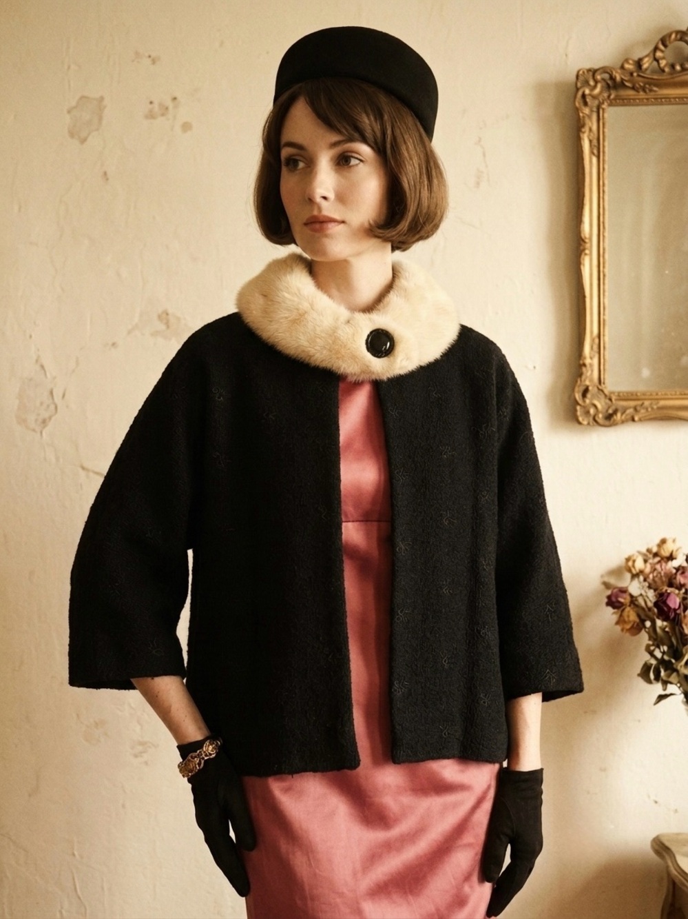 Vintage 50s 60s Black Bouclé Swing Jacket with Blonde Real Fur Collar Cropped M